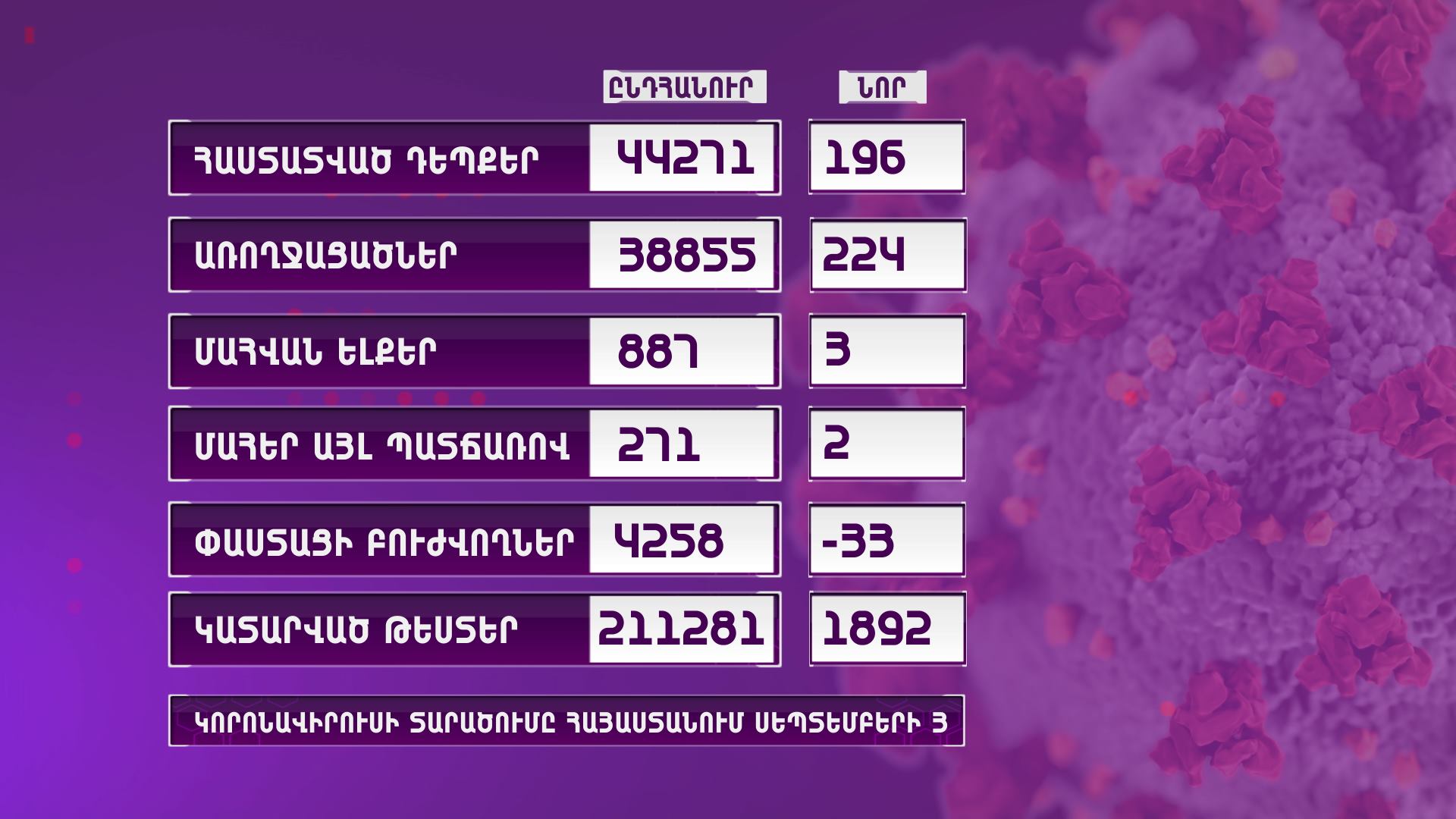 Հայաստանում գրանցվել է կորոնավիրուսի 196 նոր դեպք, 224 առողջացում, 3 մահ