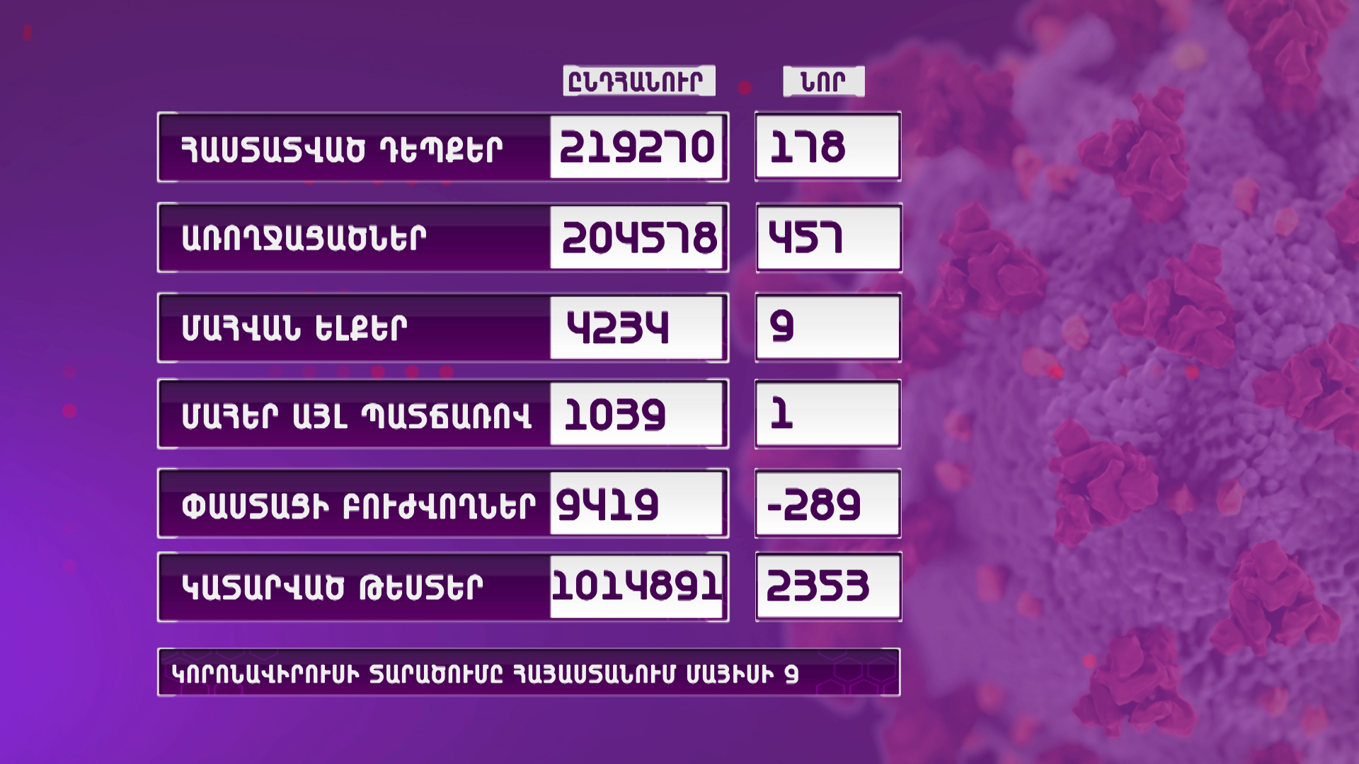 Հայաստանում հաստատվել է կորոնավիրուսի 178 նոր դեպք․ 9 մարդ մահացել է