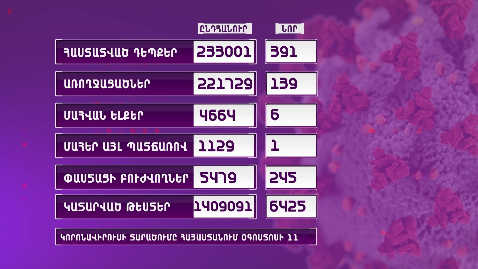 Հայաստանում գրանցվել է կորոնավիրուսային հիվանդության 391 նոր դեպք, 6 մահ