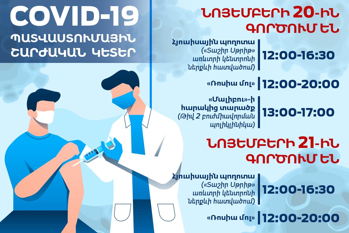 COVID-19-ի դեմ պատվաստումների շարժական կետերի աշխատանքային գրաֆիկը նոյեմբերի 20-ի և 21-ի համար