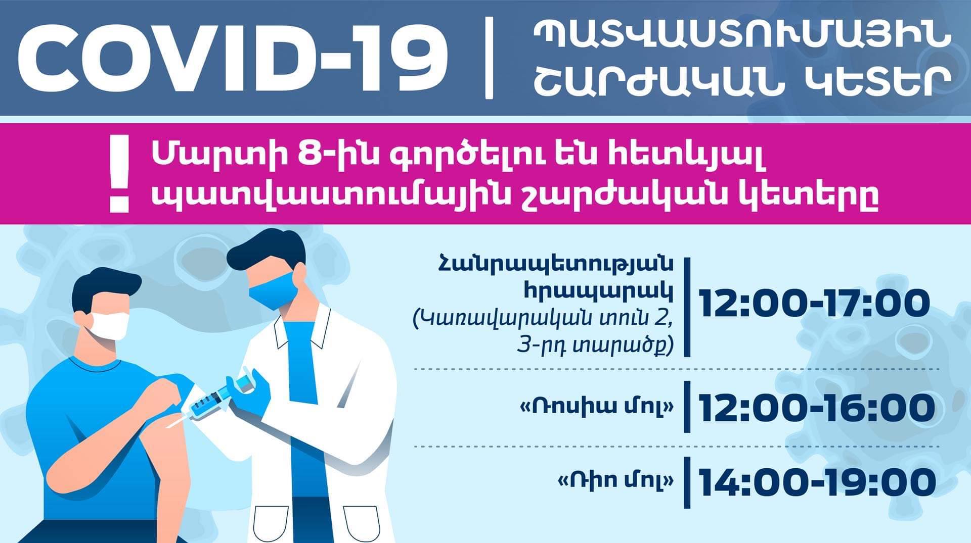 Մարտի 8-ին գործելու են հետևյալ պատվաստումային շարժական կետերը